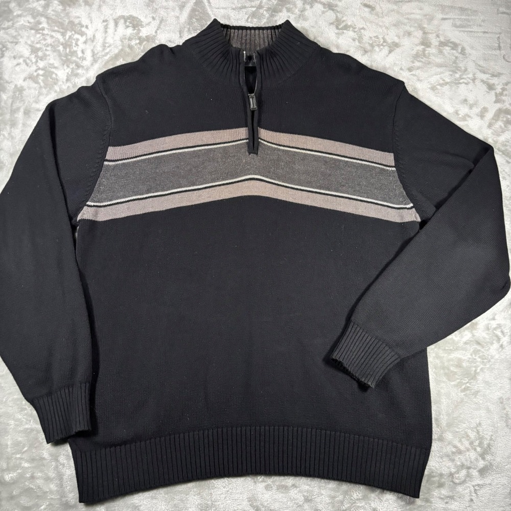 Oscar de la Renta Mens XXL Black Striped Quarter Zip Cotton Sweater NXOSR4401‎